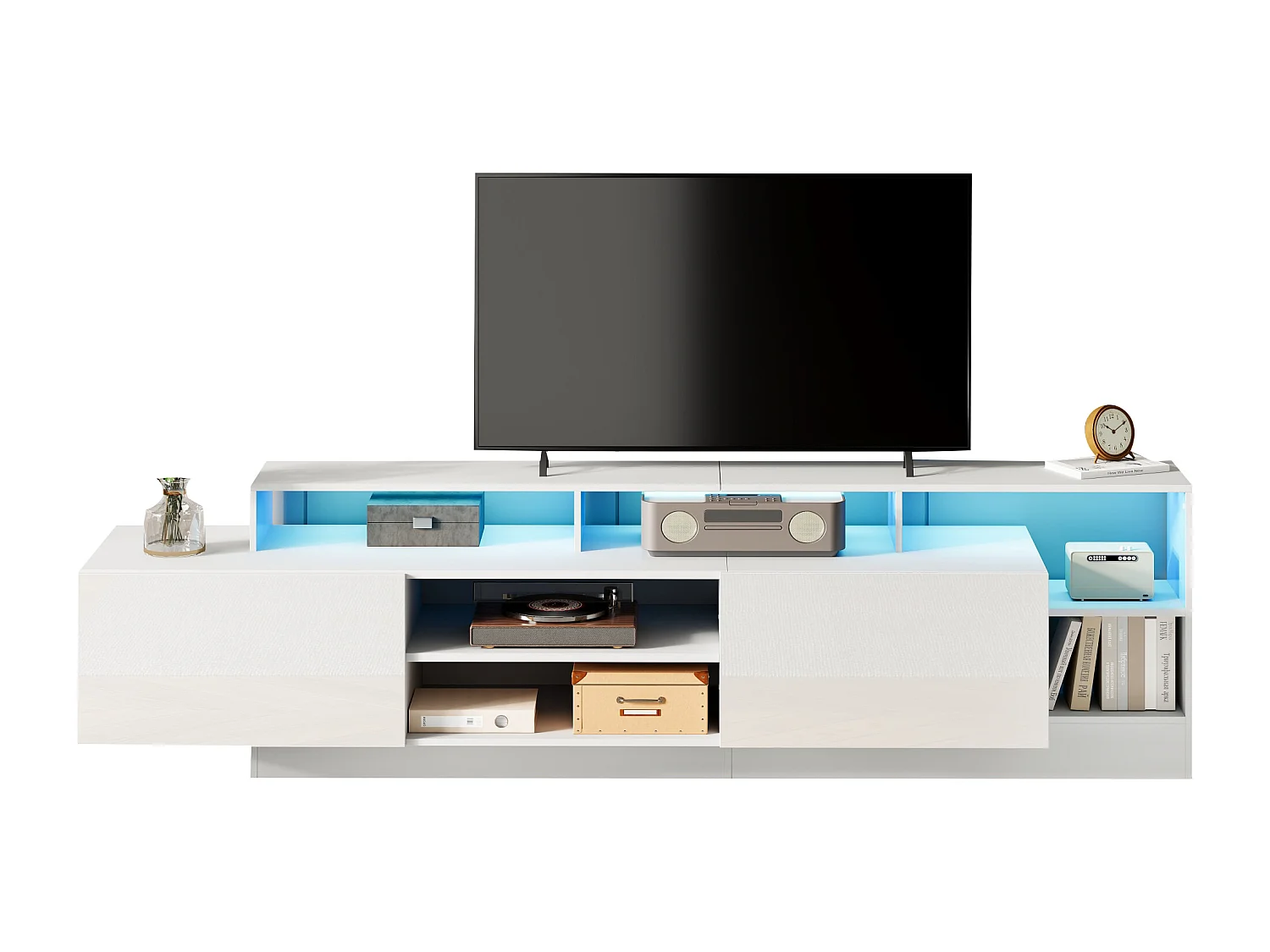 Nowoczesna szafka RTV z połyskiem - 190 x 40 x 48,5 cm - z otwartą przestrzenią + diody LED + 2 drzwi - płyta wiórowa - biała