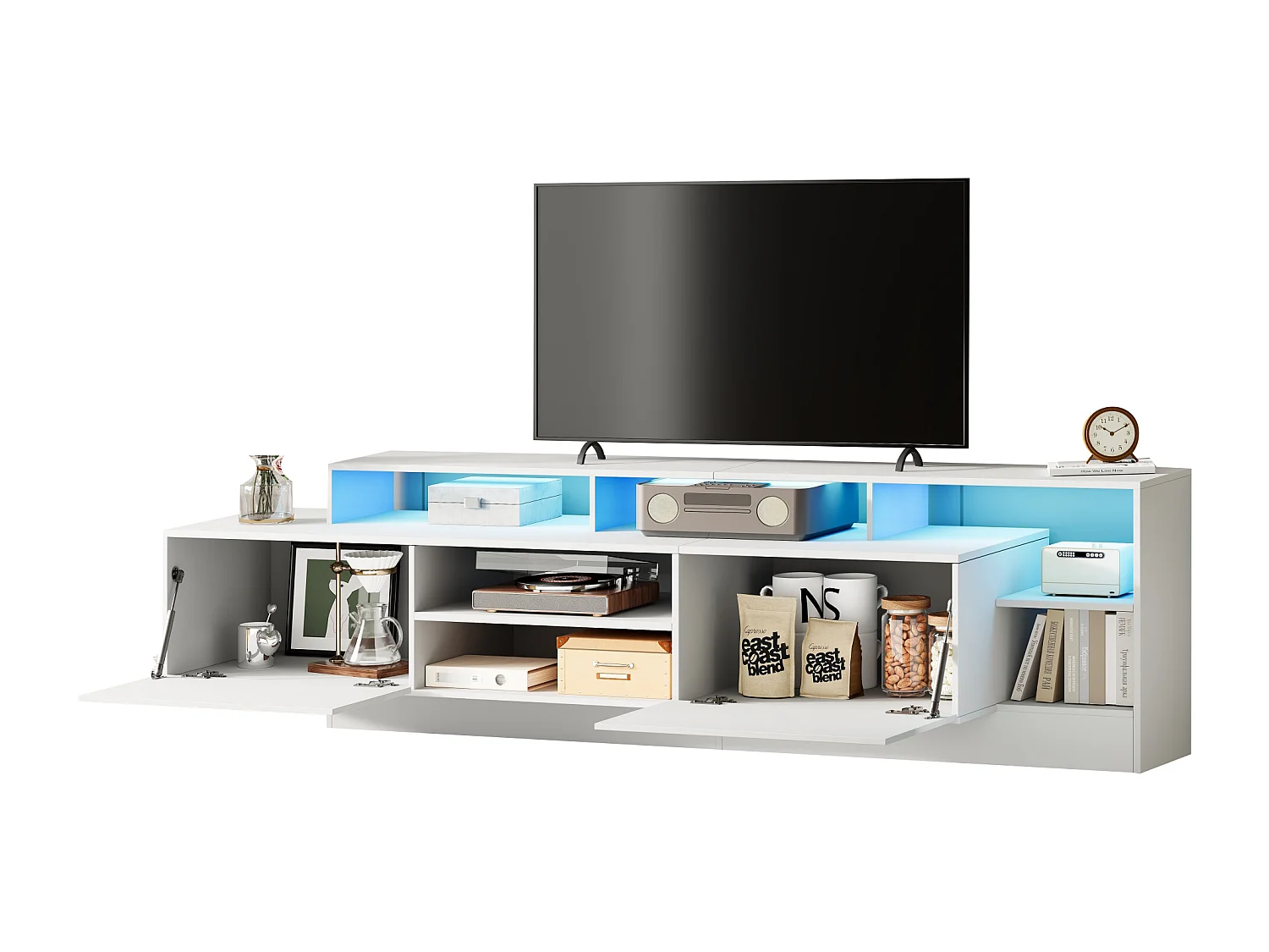 Nowoczesna szafka RTV z połyskiem - 190 x 40 x 48,5 cm - z otwartą przestrzenią + diody LED + 2 drzwi - płyta wiórowa - biała