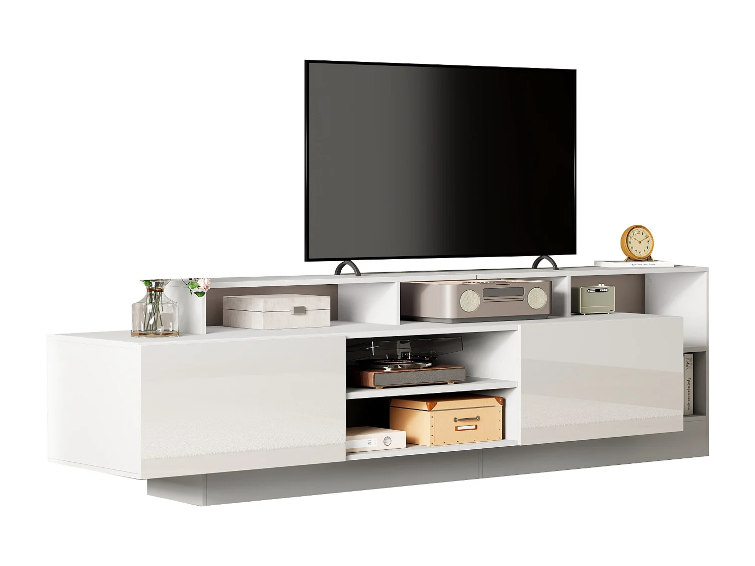 Nowoczesna szafka RTV z połyskiem - 190 x 40 x 48,5 cm - z otwartą przestrzenią + diody LED + 2 drzwi - płyta wiórowa - biała