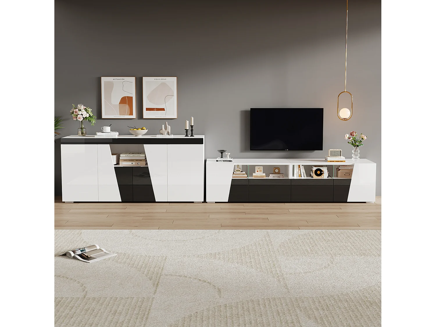 Szafka RTV połączona z kredensem - szafka RTV lakierowana na wysoki połysk + niska szafka pokojowa - z diodami LED - płyta wiórowa - biała