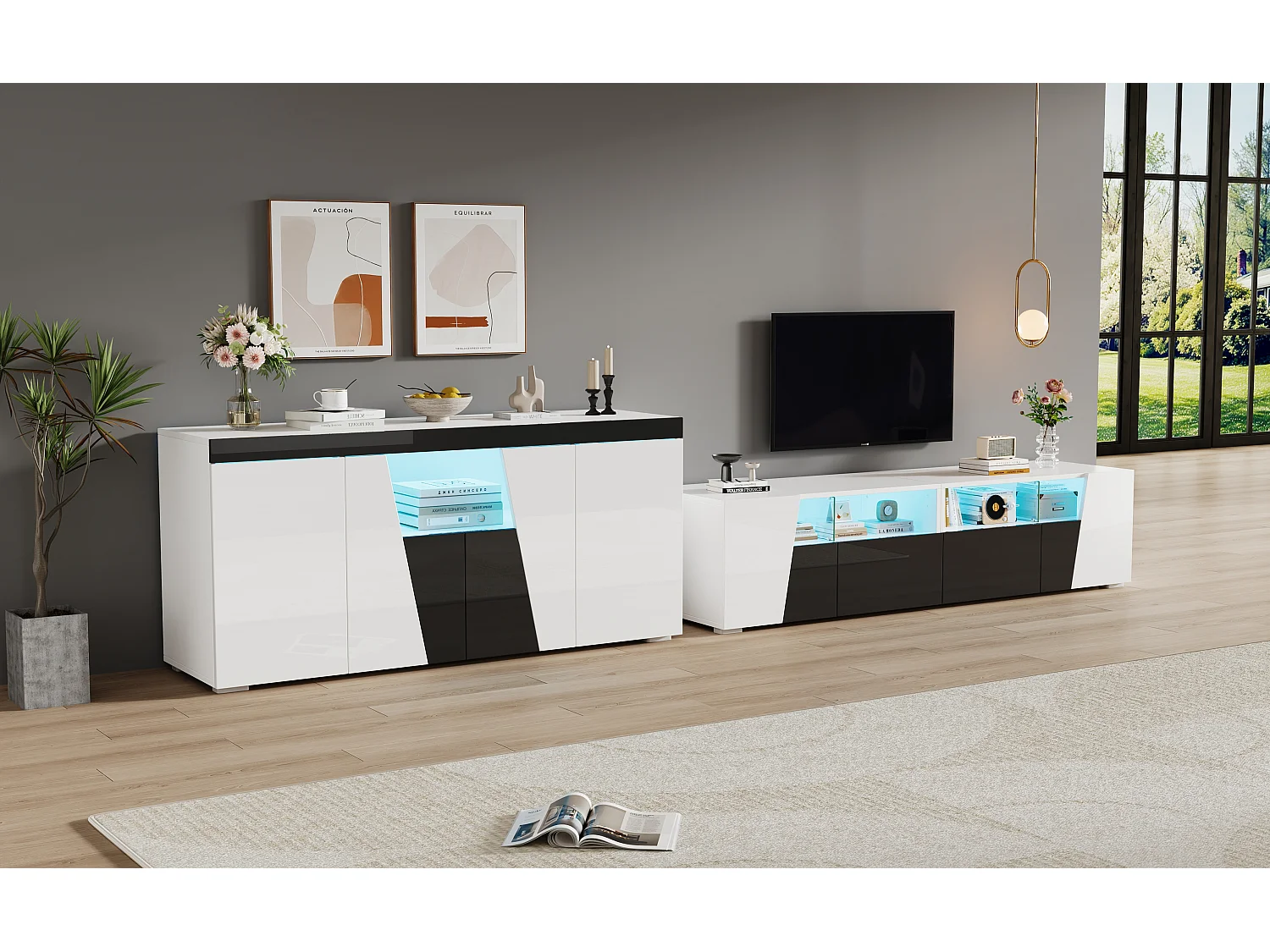 Szafka RTV połączona z kredensem - szafka RTV lakierowana na wysoki połysk + niska szafka pokojowa - z diodami LED - płyta wiórowa - biała