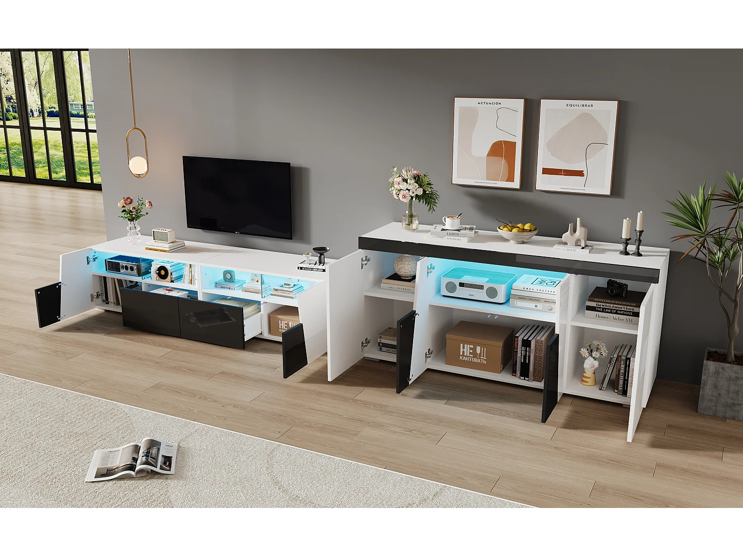 Szafka RTV połączona z kredensem - szafka RTV lakierowana na wysoki połysk + niska szafka pokojowa - z diodami LED - płyta wiórowa - biała