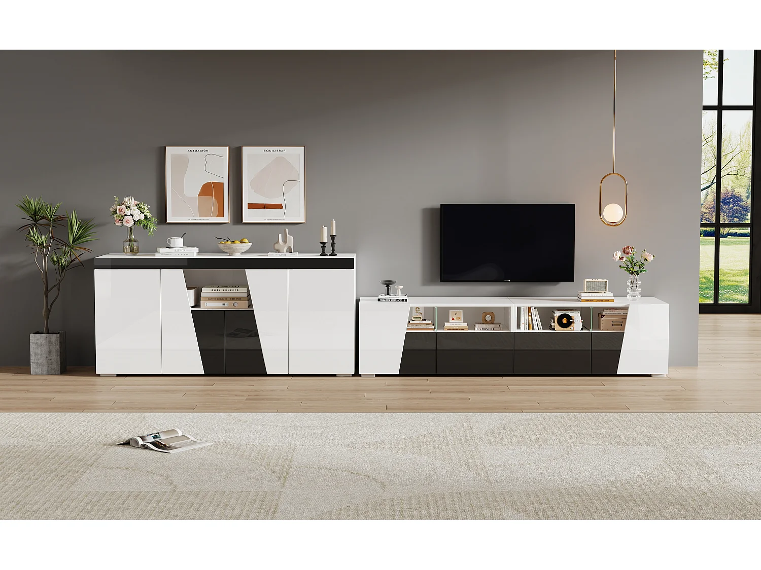 Szafka RTV połączona z kredensem - szafka RTV lakierowana na wysoki połysk + niska szafka pokojowa - z diodami LED - płyta wiórowa - biała