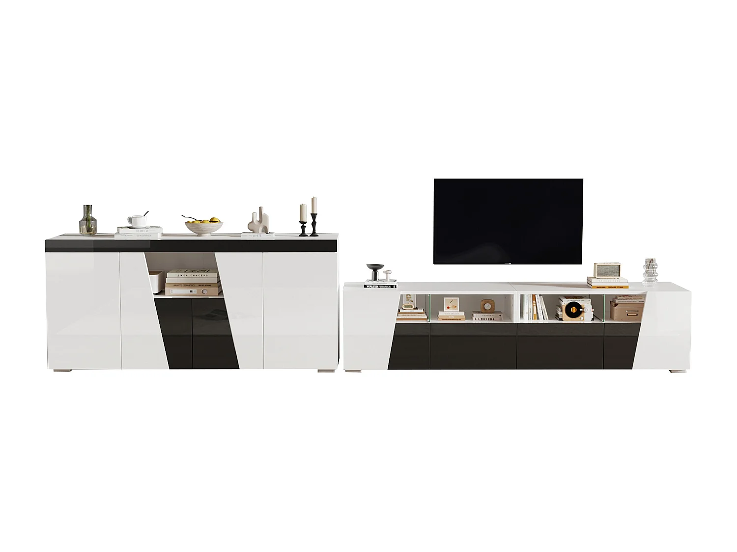 Szafka RTV połączona z kredensem - szafka RTV lakierowana na wysoki połysk + niska szafka pokojowa - z diodami LED - płyta wiórowa - biała