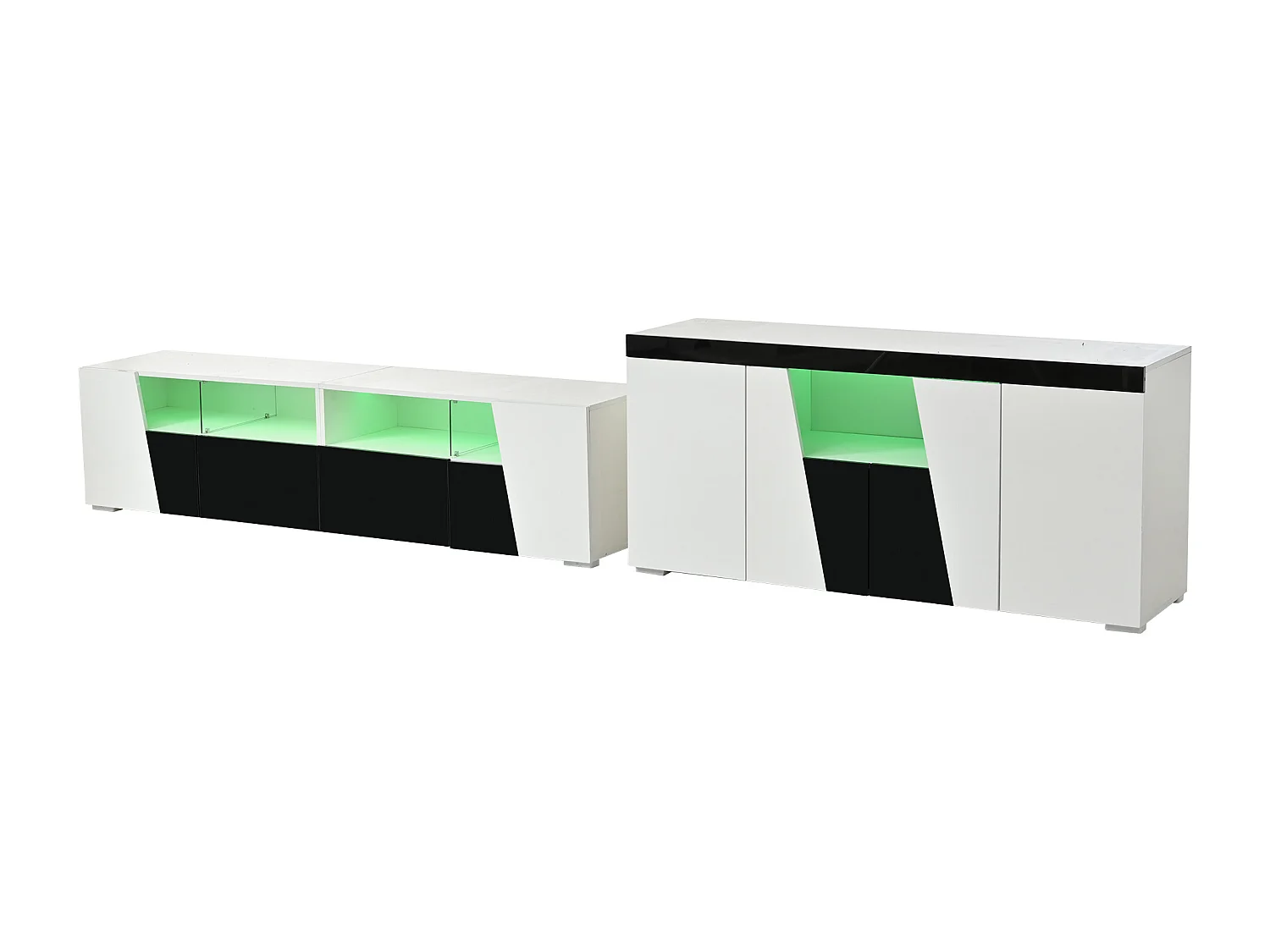 Szafka RTV połączona z kredensem - szafka RTV lakierowana na wysoki połysk + niska szafka pokojowa - z diodami LED - płyta wiórowa - biała