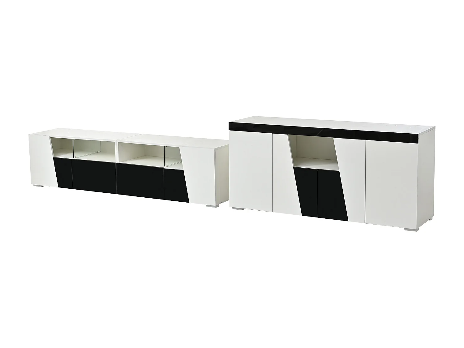 Szafka RTV połączona z kredensem - szafka RTV lakierowana na wysoki połysk + niska szafka pokojowa - z diodami LED - płyta wiórowa - biała