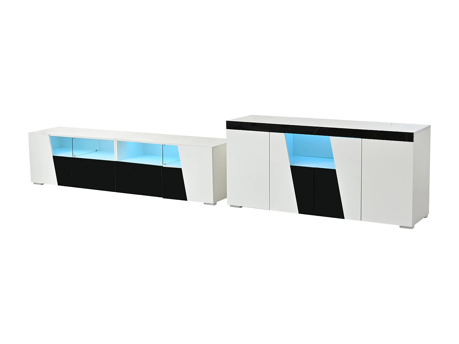 Szafka RTV połączona z kredensem - szafka RTV lakierowana na wysoki połysk + niska szafka pokojowa - z diodami LED - płyta wiórowa - biała