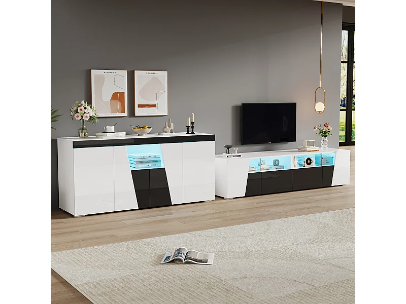 Szafka RTV połączona z kredensem - szafka RTV lakierowana na wysoki połysk + niska szafka pokojowa - z diodami LED - płyta wiórowa - biała