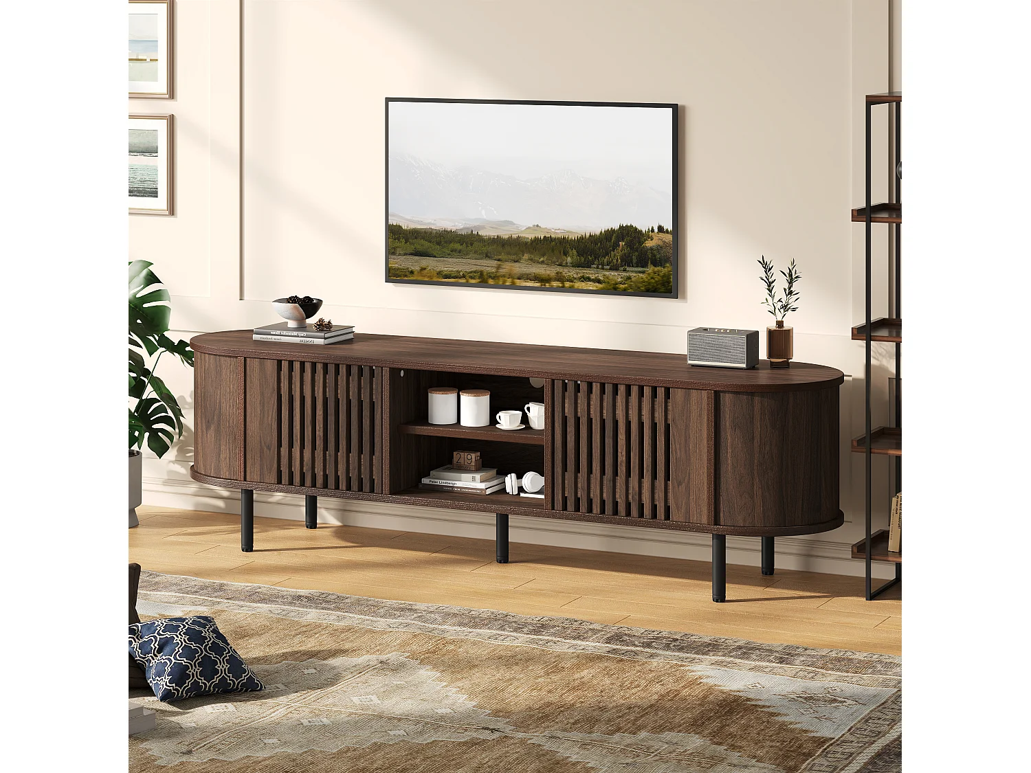 Offener TV-Ständer aus Holz – 160 x 40 x 47 cm – mit 2 Türen + Ablage – für 65-Zoll-Fernseher – MDF – braun