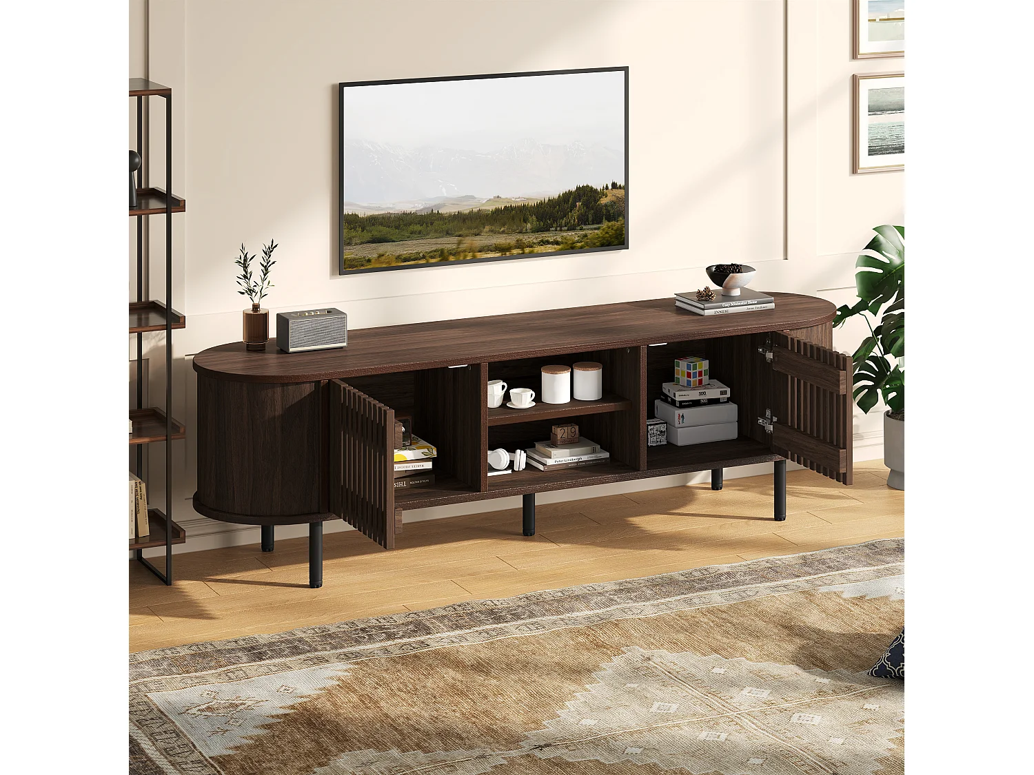 Offener TV-Ständer aus Holz – 160 x 40 x 47 cm – mit 2 Türen + Ablage – für 65-Zoll-Fernseher – MDF – braun