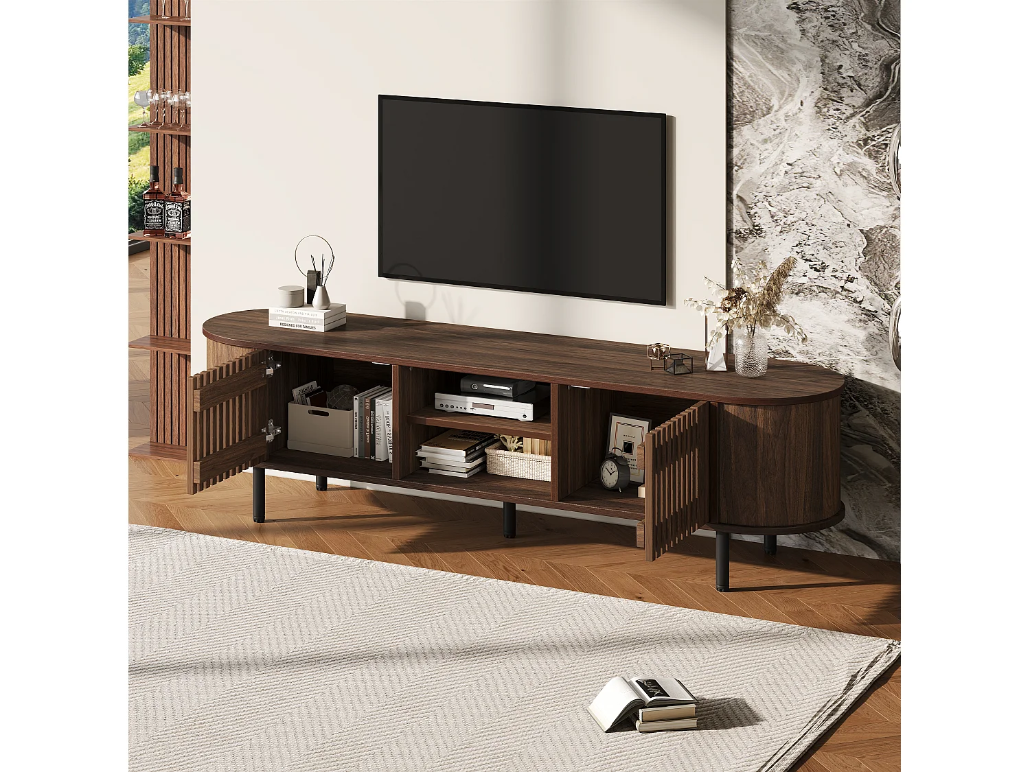 Offener TV-Ständer aus Holz – 160 x 40 x 47 cm – mit 2 Türen + Ablage – für 65-Zoll-Fernseher – MDF – braun