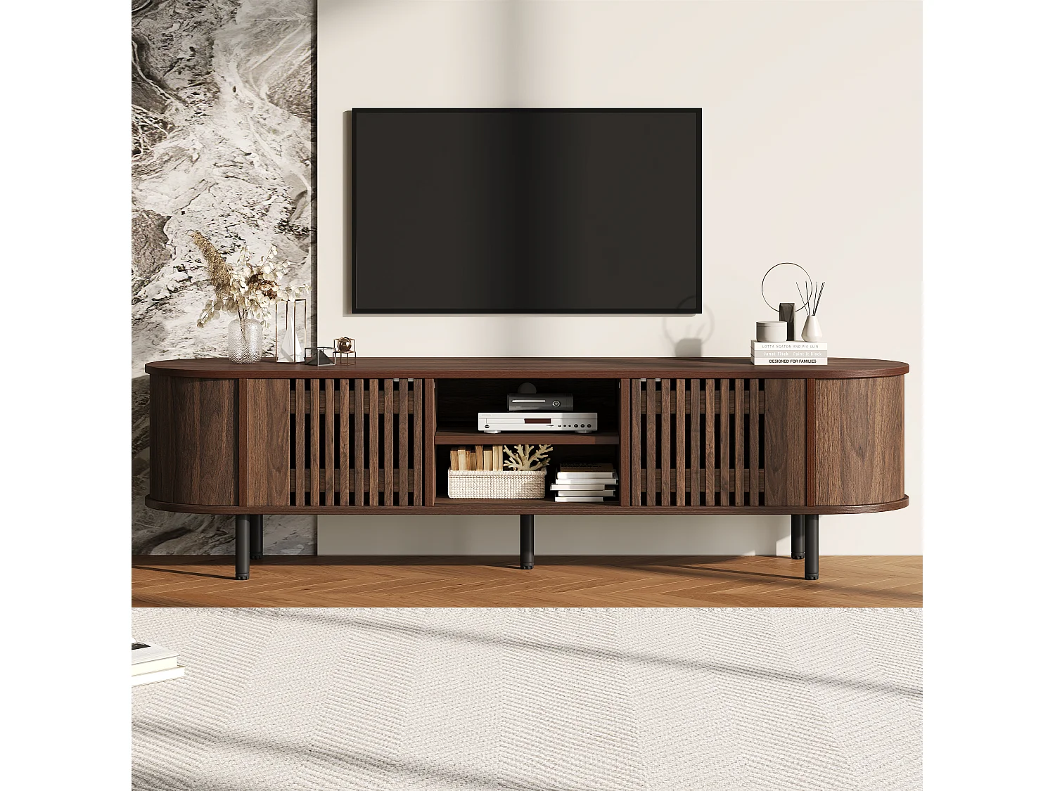 Offener TV-Ständer aus Holz – 160 x 40 x 47 cm – mit 2 Türen + Ablage – für 65-Zoll-Fernseher – MDF – braun