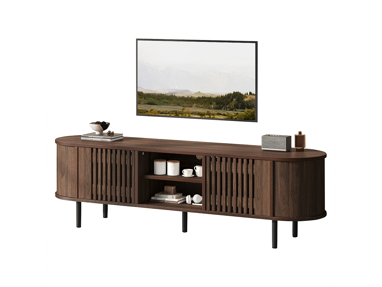 Offener TV-Ständer aus Holz – 160 x 40 x 47 cm – mit 2 Türen + Ablage – für 65-Zoll-Fernseher – MDF – braun