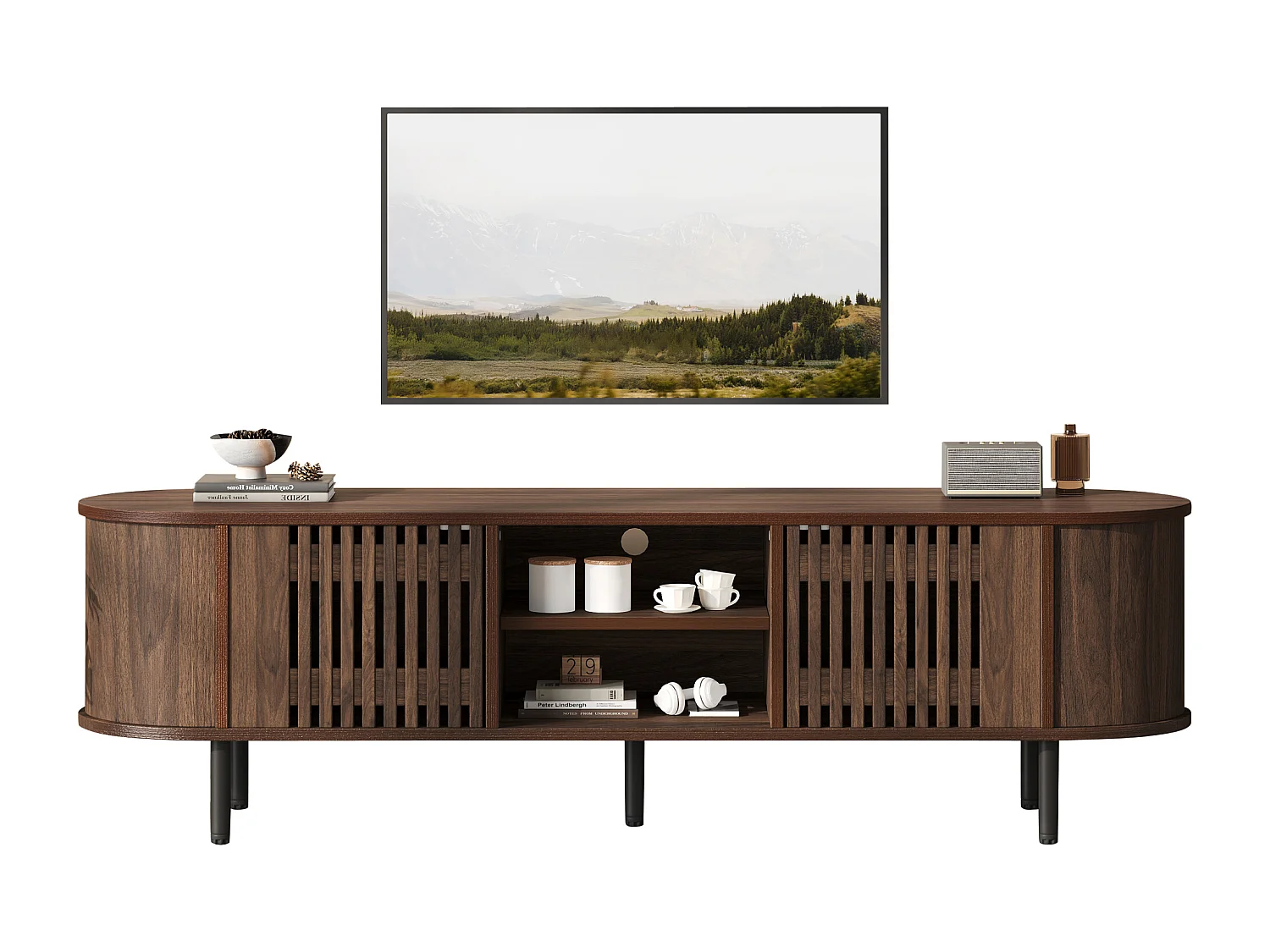 Offener TV-Ständer aus Holz – 160 x 40 x 47 cm – mit 2 Türen + Ablage – für 65-Zoll-Fernseher – MDF – braun