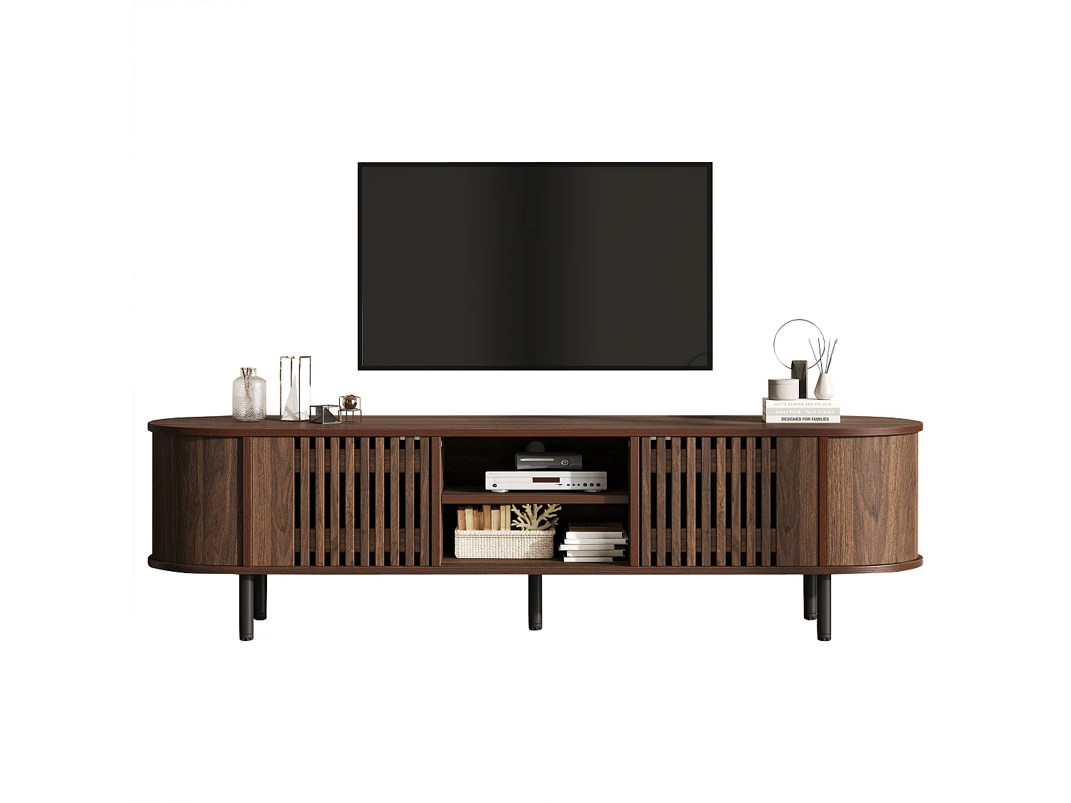 Offener TV-Ständer aus Holz – 160 x 40 x 47 cm – mit 2 Türen + Ablage – für 65-Zoll-Fernseher – MDF – braun