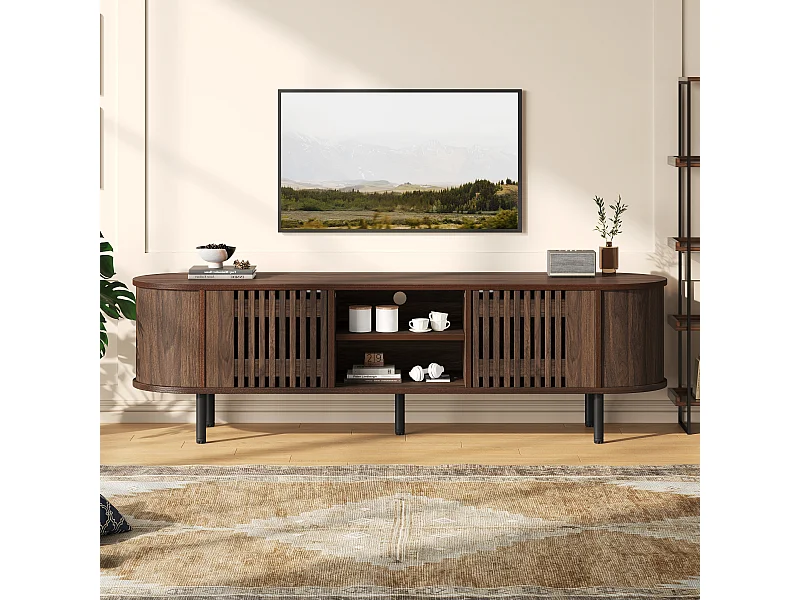 Offener TV-Ständer aus Holz – 160 x 40 x 47 cm – mit 2 Türen + Ablage – für 65-Zoll-Fernseher – MDF – braun