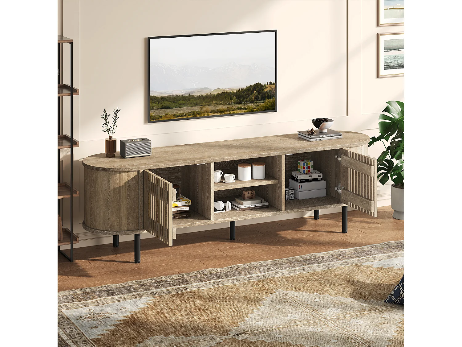 Offener TV-Ständer aus Holz – 160 x 40 x 47 cm – mit 2 Türen + Ablage – für 65-Zoll-Fernseher – MDF – natur