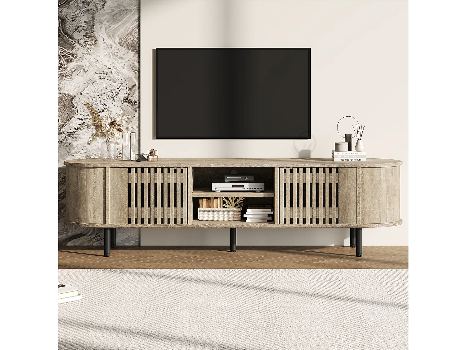 Offener TV-Ständer aus Holz – 160 x 40 x 47 cm – mit 2 Türen + Ablage – für 65-Zoll-Fernseher – MDF – natur