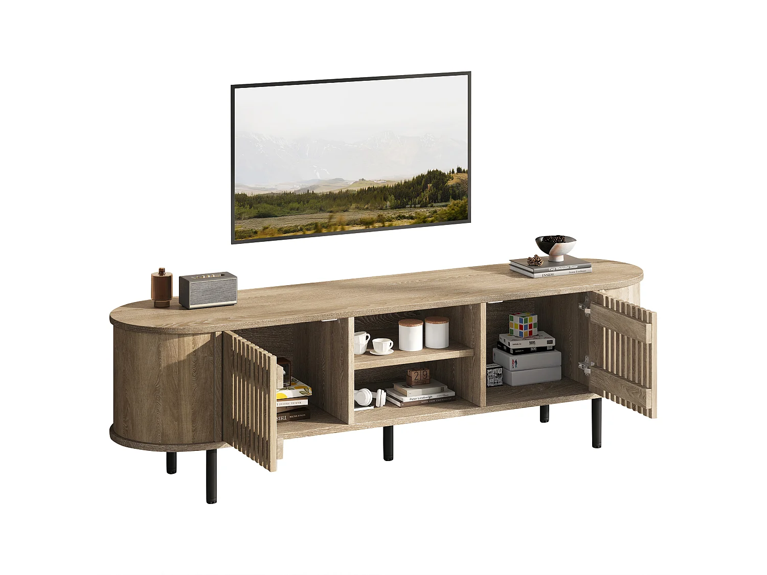 Offener TV-Ständer aus Holz – 160 x 40 x 47 cm – mit 2 Türen + Ablage – für 65-Zoll-Fernseher – MDF – natur