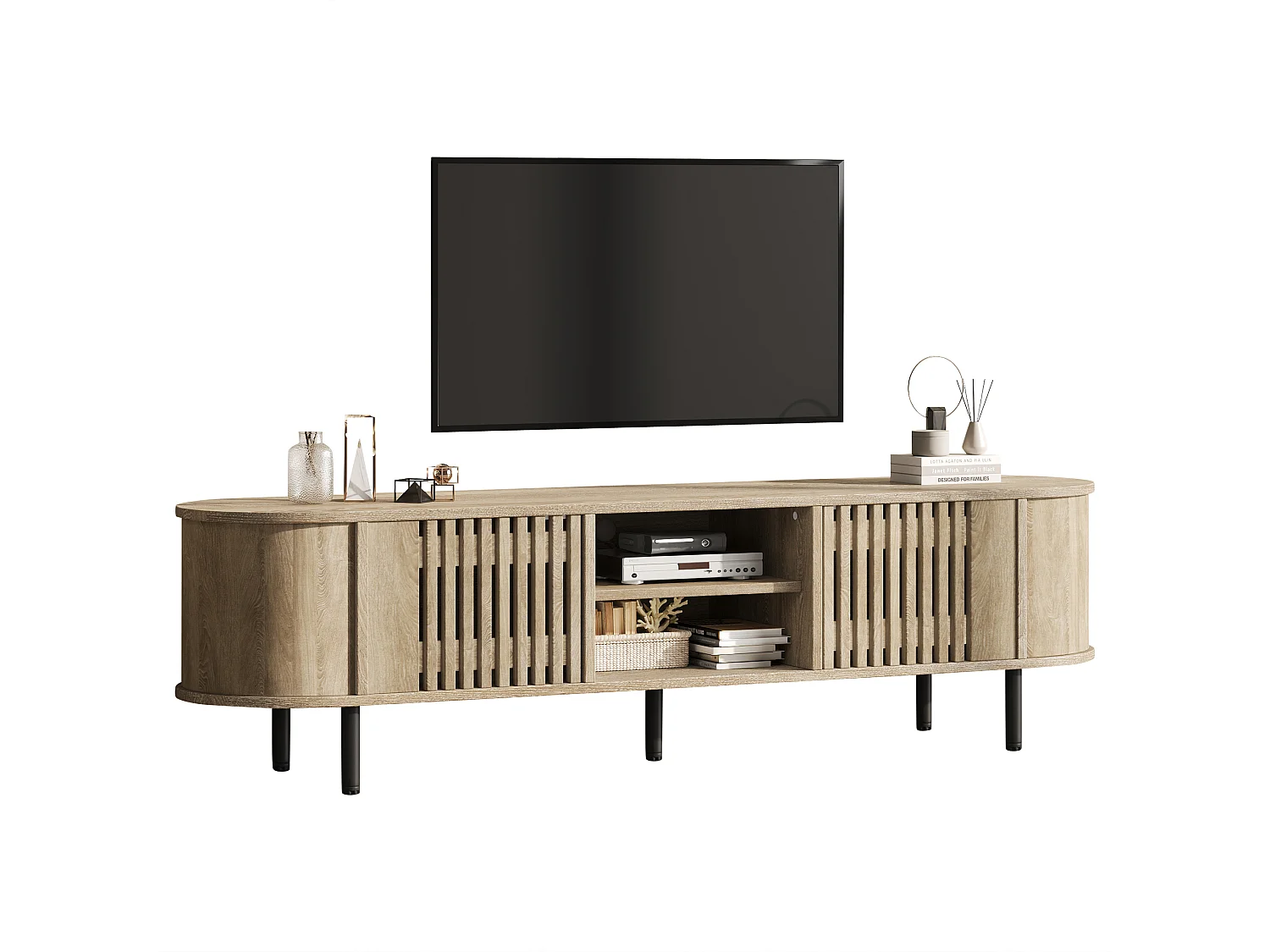 Offener TV-Ständer aus Holz – 160 x 40 x 47 cm – mit 2 Türen + Ablage – für 65-Zoll-Fernseher – MDF – natur