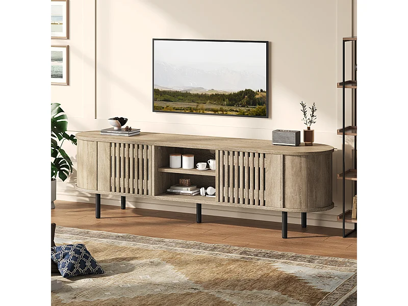 Offener TV-Ständer aus Holz – 160 x 40 x 47 cm – mit 2 Türen + Ablage – für 65-Zoll-Fernseher – MDF – natur
