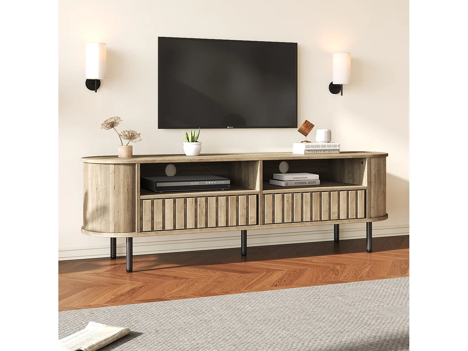 TV-Möbel fürs Wohnzimmer – 160 x 40 x 48 cm – mit 2 Schubladen + Ablage – für 65-Zoll-Fernseher – MDF – natur