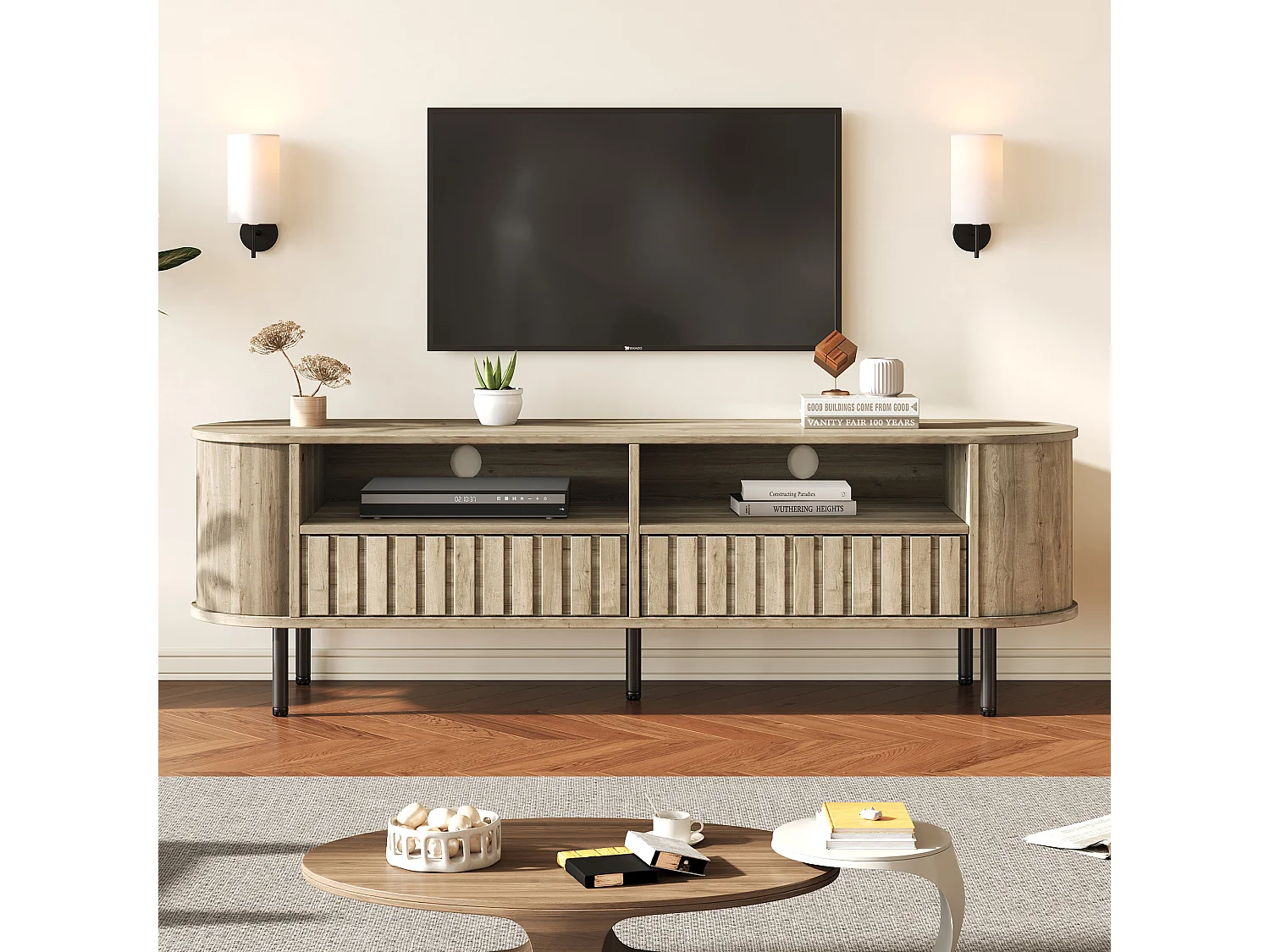 TV-Möbel fürs Wohnzimmer – 160 x 40 x 48 cm – mit 2 Schubladen + Ablage – für 65-Zoll-Fernseher – MDF – natur