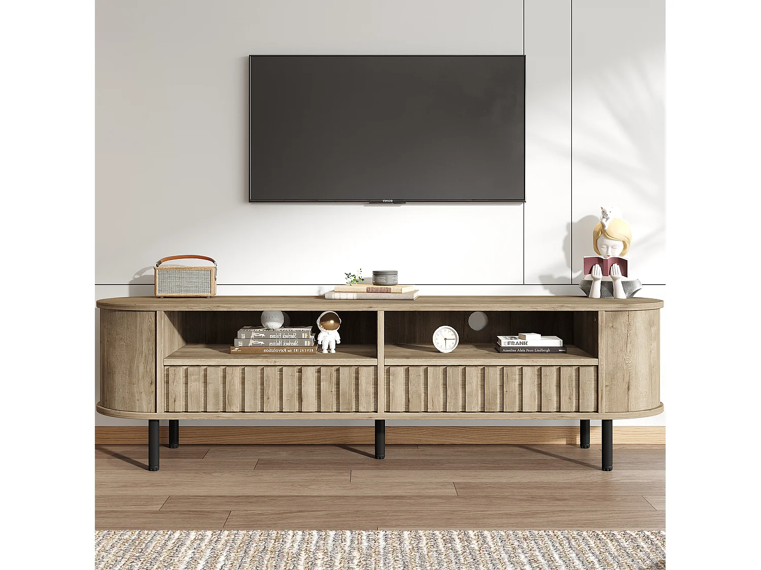 TV-Möbel fürs Wohnzimmer – 160 x 40 x 48 cm – mit 2 Schubladen + Ablage – für 65-Zoll-Fernseher – MDF – natur