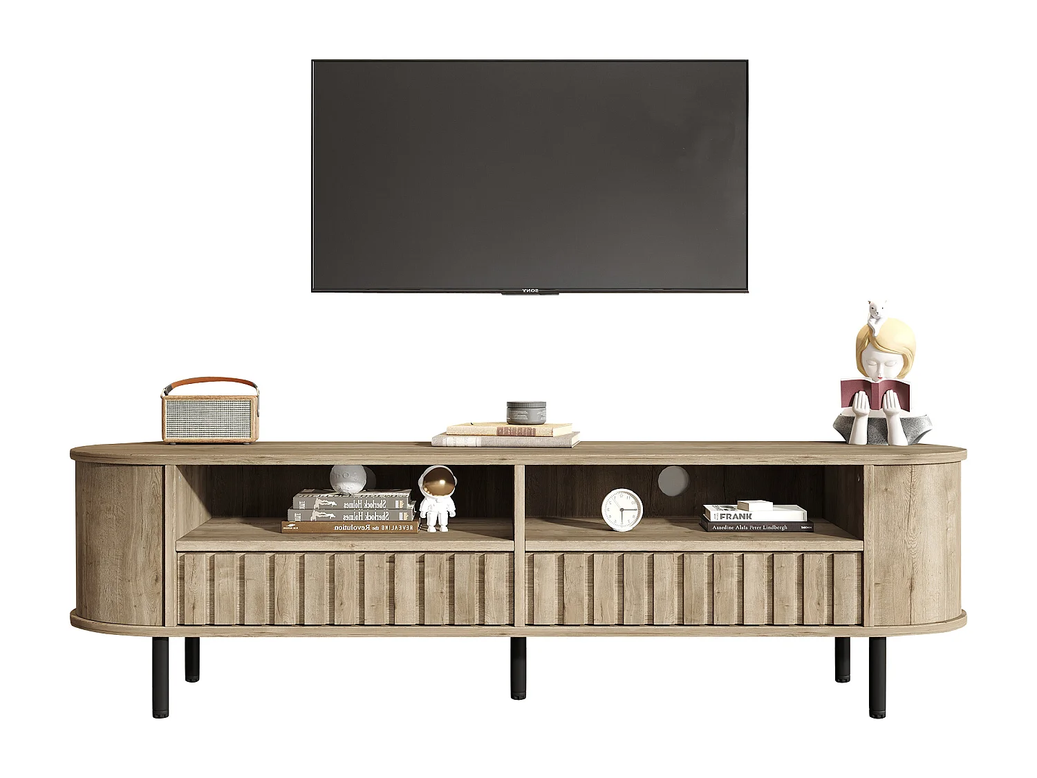 TV-Möbel fürs Wohnzimmer – 160 x 40 x 48 cm – mit 2 Schubladen + Ablage – für 65-Zoll-Fernseher – MDF – natur