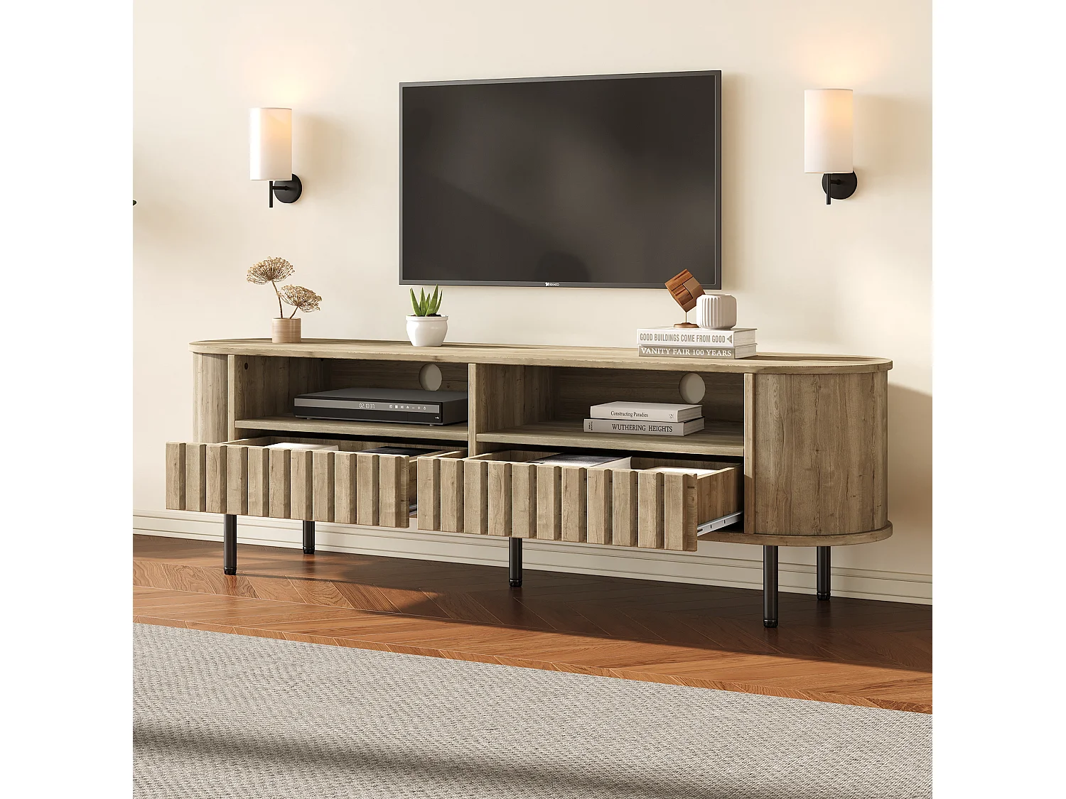 TV-Möbel fürs Wohnzimmer – 160 x 40 x 48 cm – mit 2 Schubladen + Ablage – für 65-Zoll-Fernseher – MDF – natur