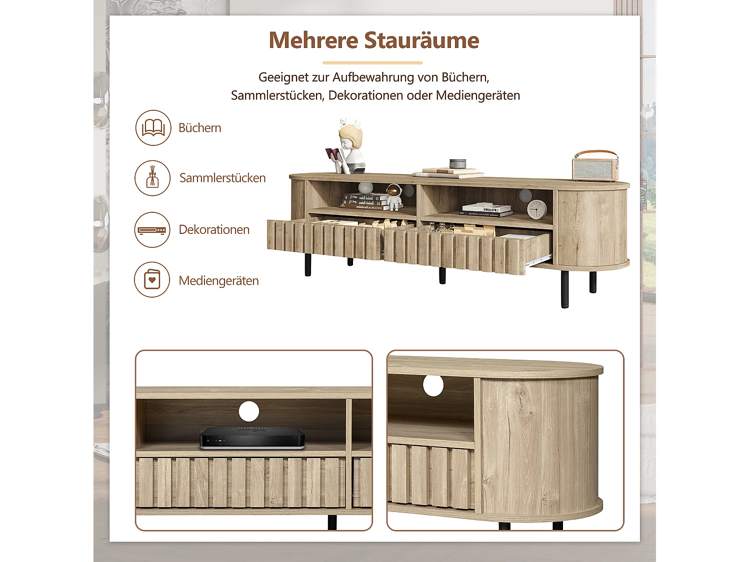 TV-Möbel fürs Wohnzimmer – 160 x 40 x 48 cm – mit 2 Schubladen + Ablage – für 65-Zoll-Fernseher – MDF – natur