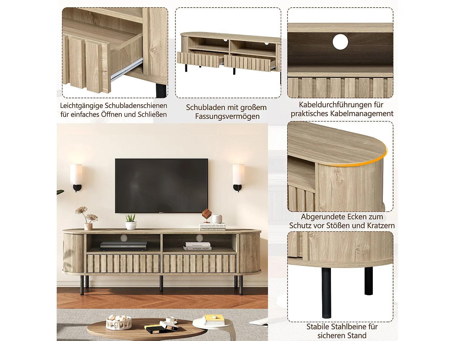 TV-Möbel fürs Wohnzimmer – 160 x 40 x 48 cm – mit 2 Schubladen + Ablage – für 65-Zoll-Fernseher – MDF – natur