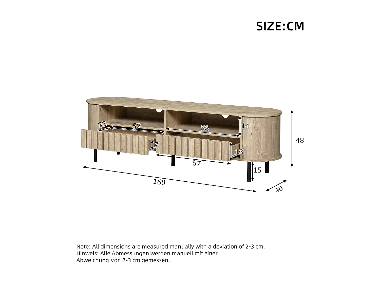 TV-Möbel fürs Wohnzimmer – 160 x 40 x 48 cm – mit 2 Schubladen + Ablage – für 65-Zoll-Fernseher – MDF – natur