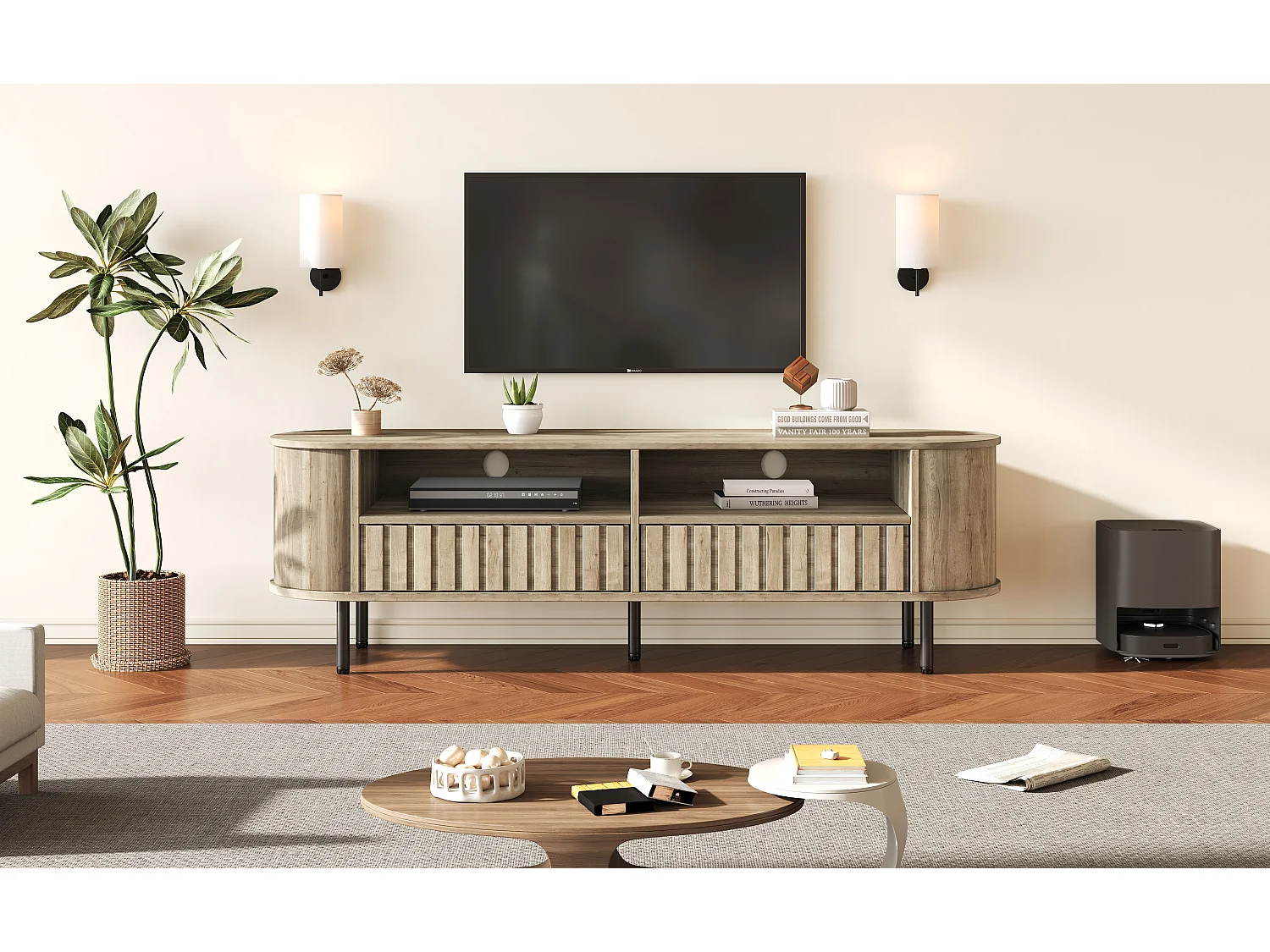 TV-Möbel fürs Wohnzimmer – 160 x 40 x 48 cm – mit 2 Schubladen + Ablage – für 65-Zoll-Fernseher – MDF – natur