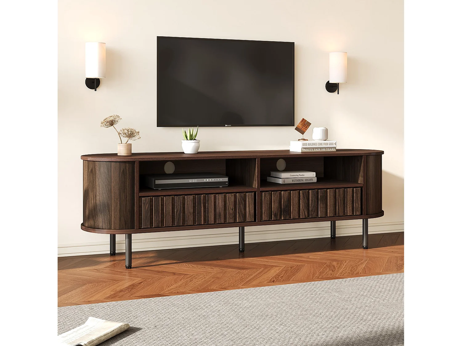TV-Möbel fürs Wohnzimmer – 160 x 40 x 48 cm – mit 2 Schubladen + Ablage – für 65-Zoll-Fernseher – MDF – braun