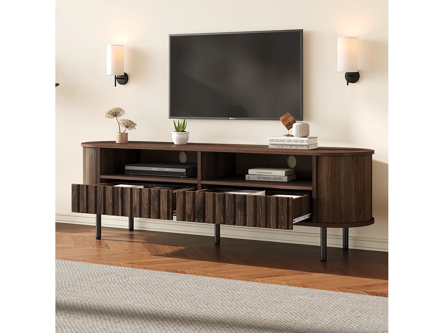 TV-Möbel fürs Wohnzimmer – 160 x 40 x 48 cm – mit 2 Schubladen + Ablage – für 65-Zoll-Fernseher – MDF – braun