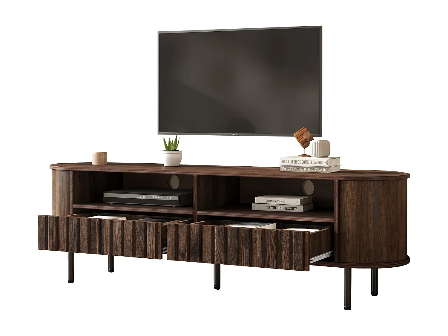 TV-Möbel fürs Wohnzimmer – 160 x 40 x 48 cm – mit 2 Schubladen + Ablage – für 65-Zoll-Fernseher – MDF – braun