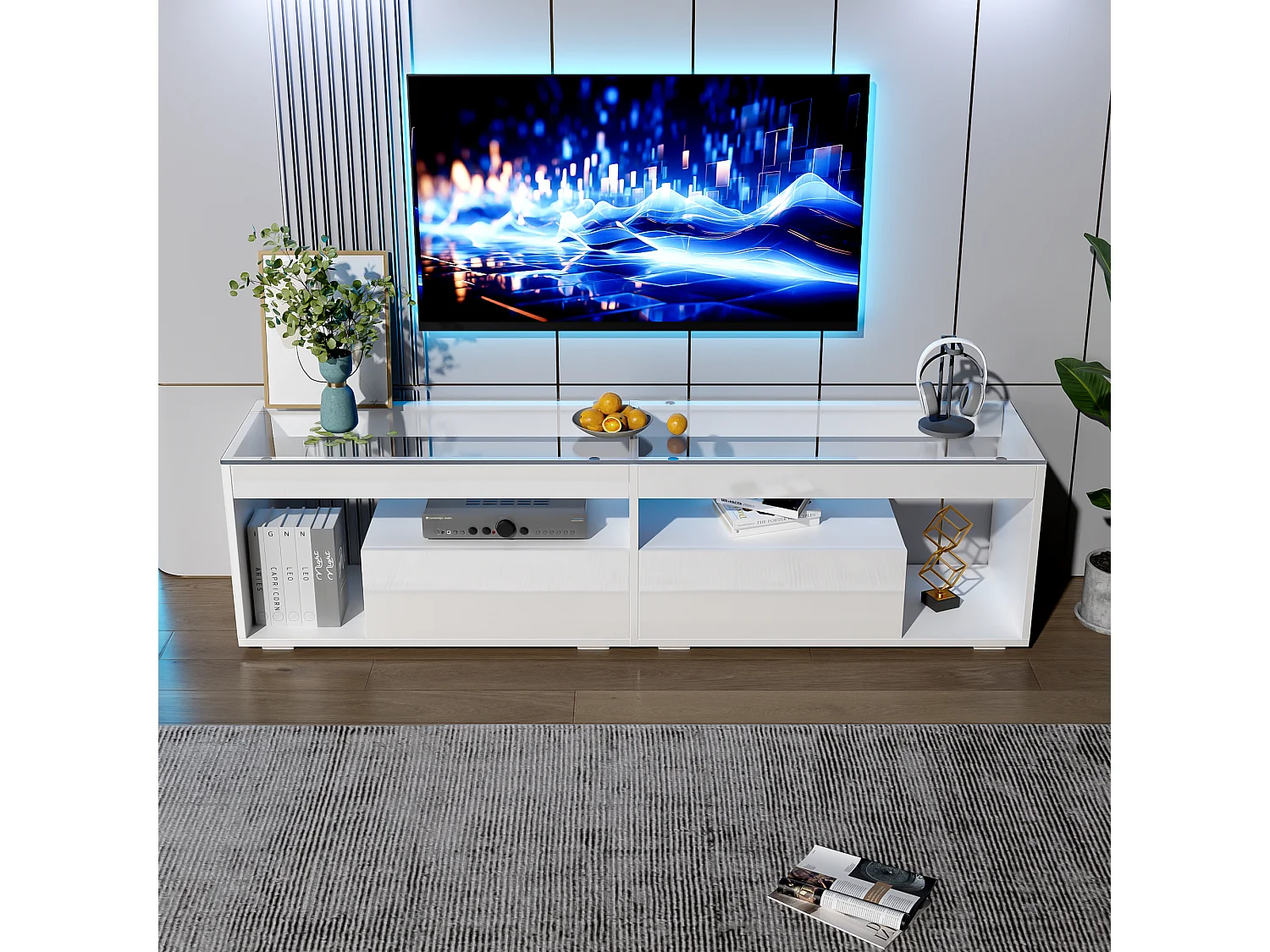 Szafka RTV lakierowana na wysoki połysk - 180 x 40 x 46,5 cm - z 2 szufladami + półką - do salonu i sypialni - płyta wiórowa - biała