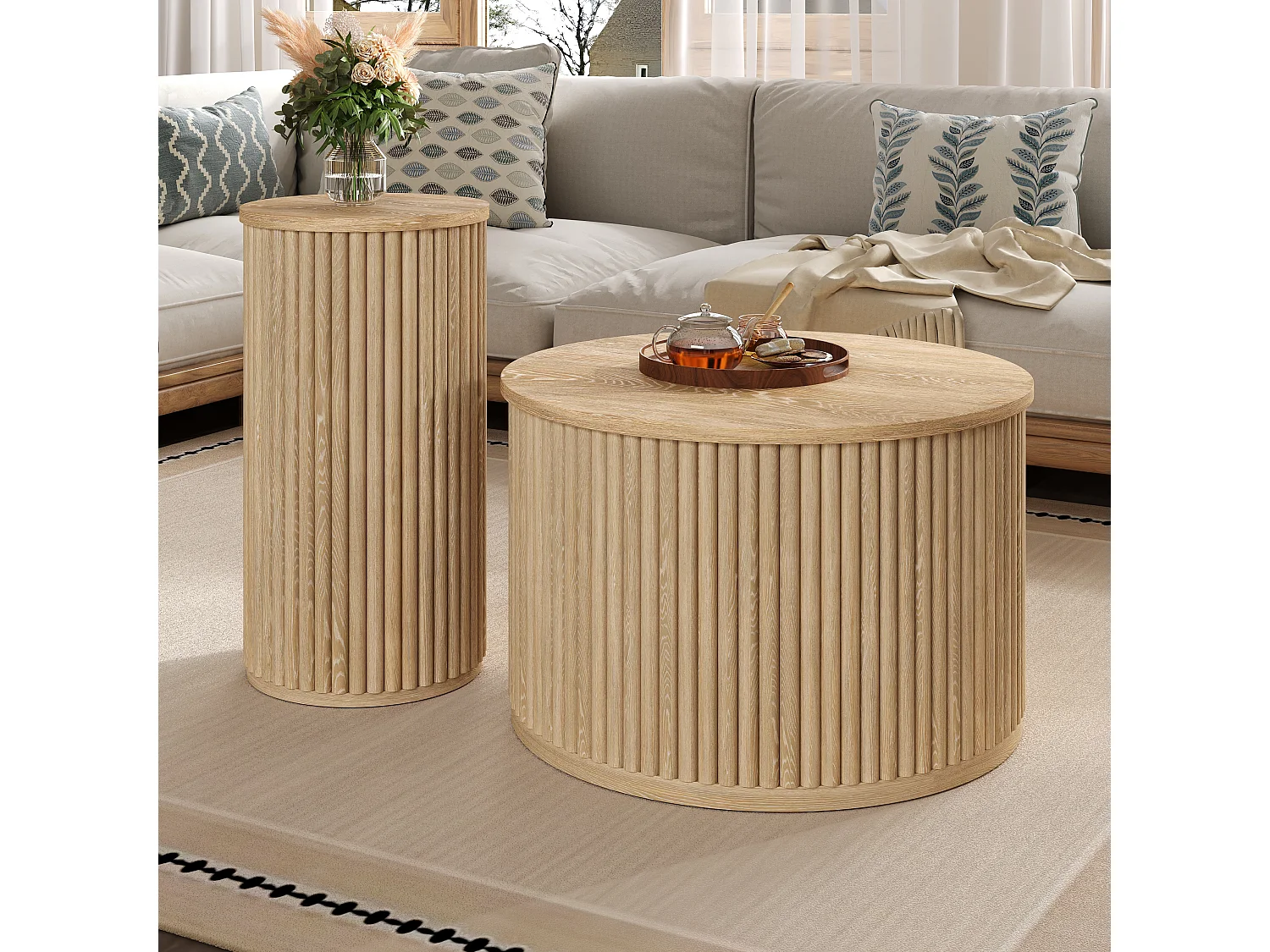 Table ronde double -  avec plateaux en bois naturel - Table de salon - MDF - naturel