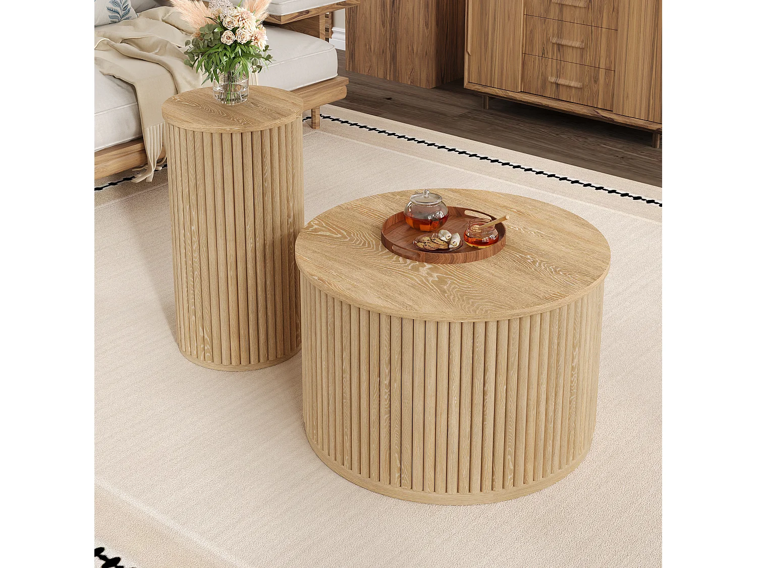 Table ronde double -  avec plateaux en bois naturel - Table de salon - MDF - naturel