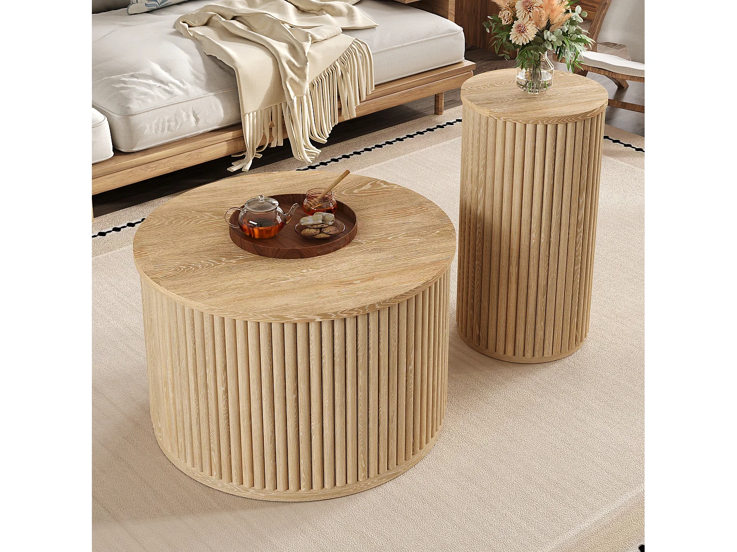 Table ronde double -  avec plateaux en bois naturel - Table de salon - MDF - naturel