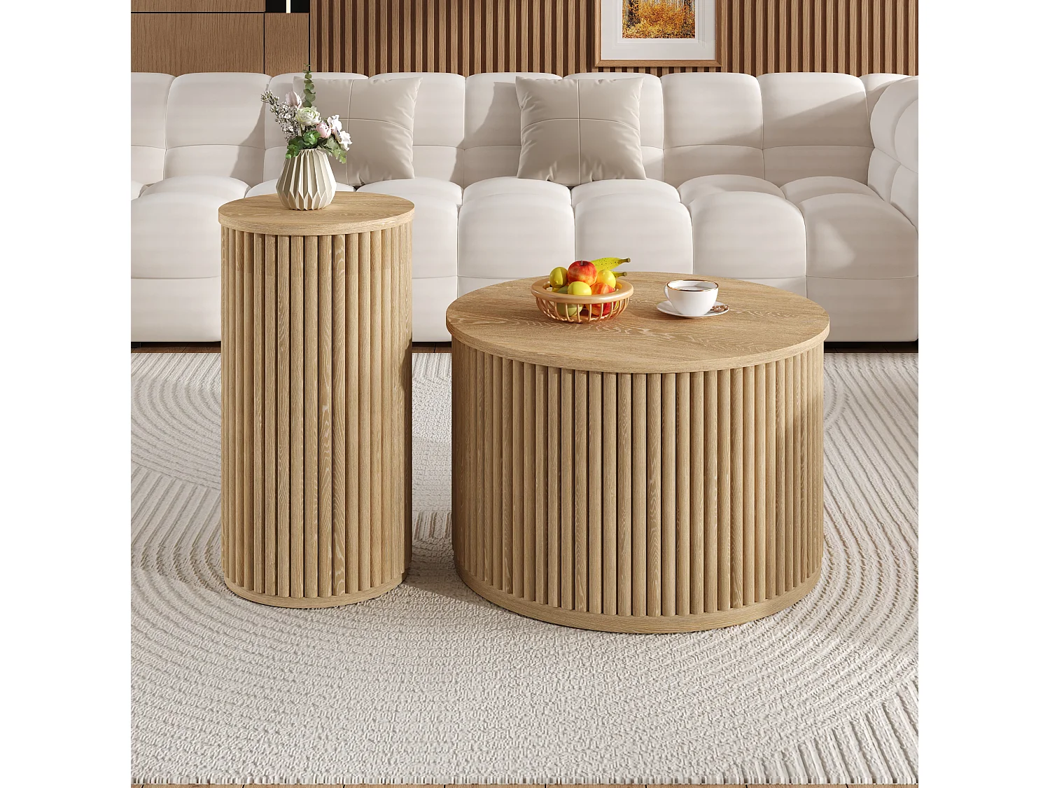 Table ronde double -  avec plateaux en bois naturel - Table de salon - MDF - naturel