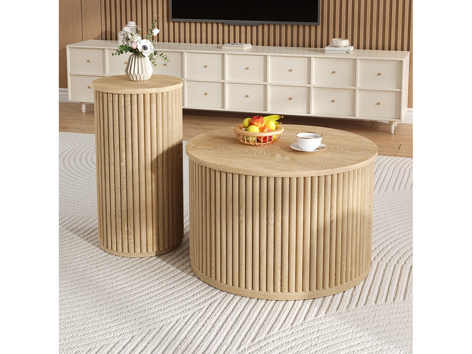Table ronde double -  avec plateaux en bois naturel - Table de salon - MDF - naturel