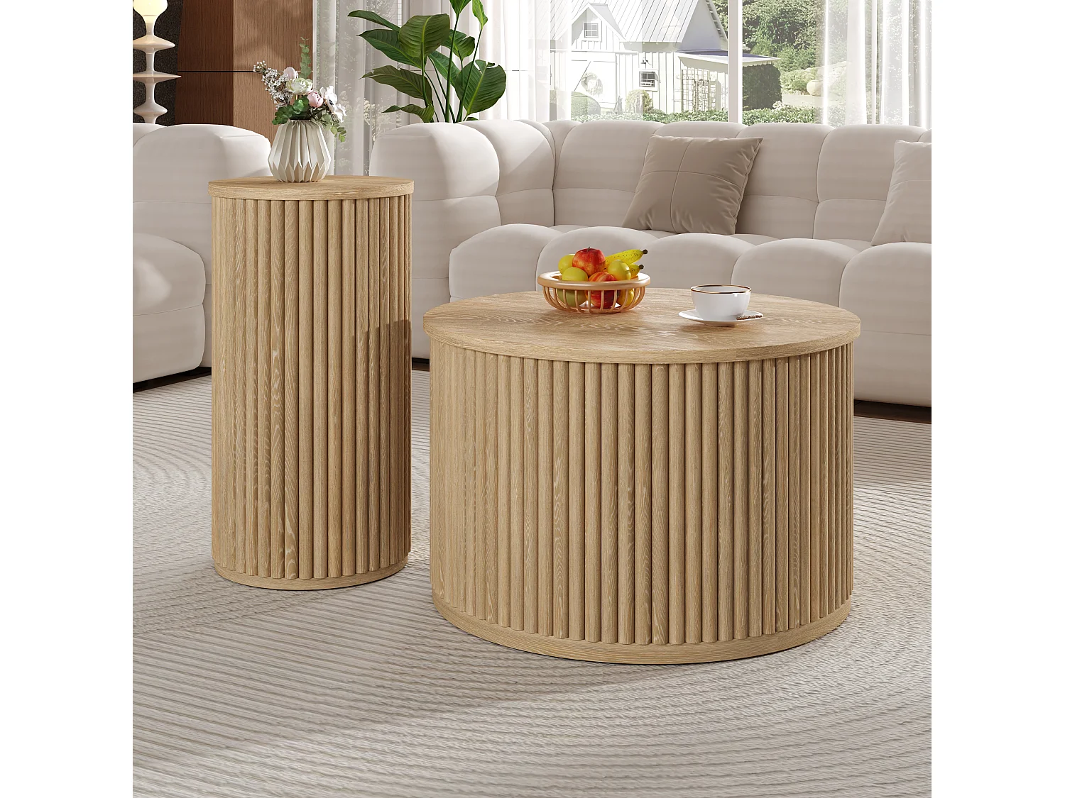 Table ronde double -  avec plateaux en bois naturel - Table de salon - MDF - naturel