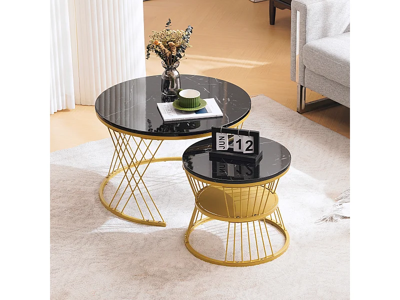 Lot de 2 tables basses gigognes modernes laquées brillantes - en placage marbre - avec rangement - MDF - noir