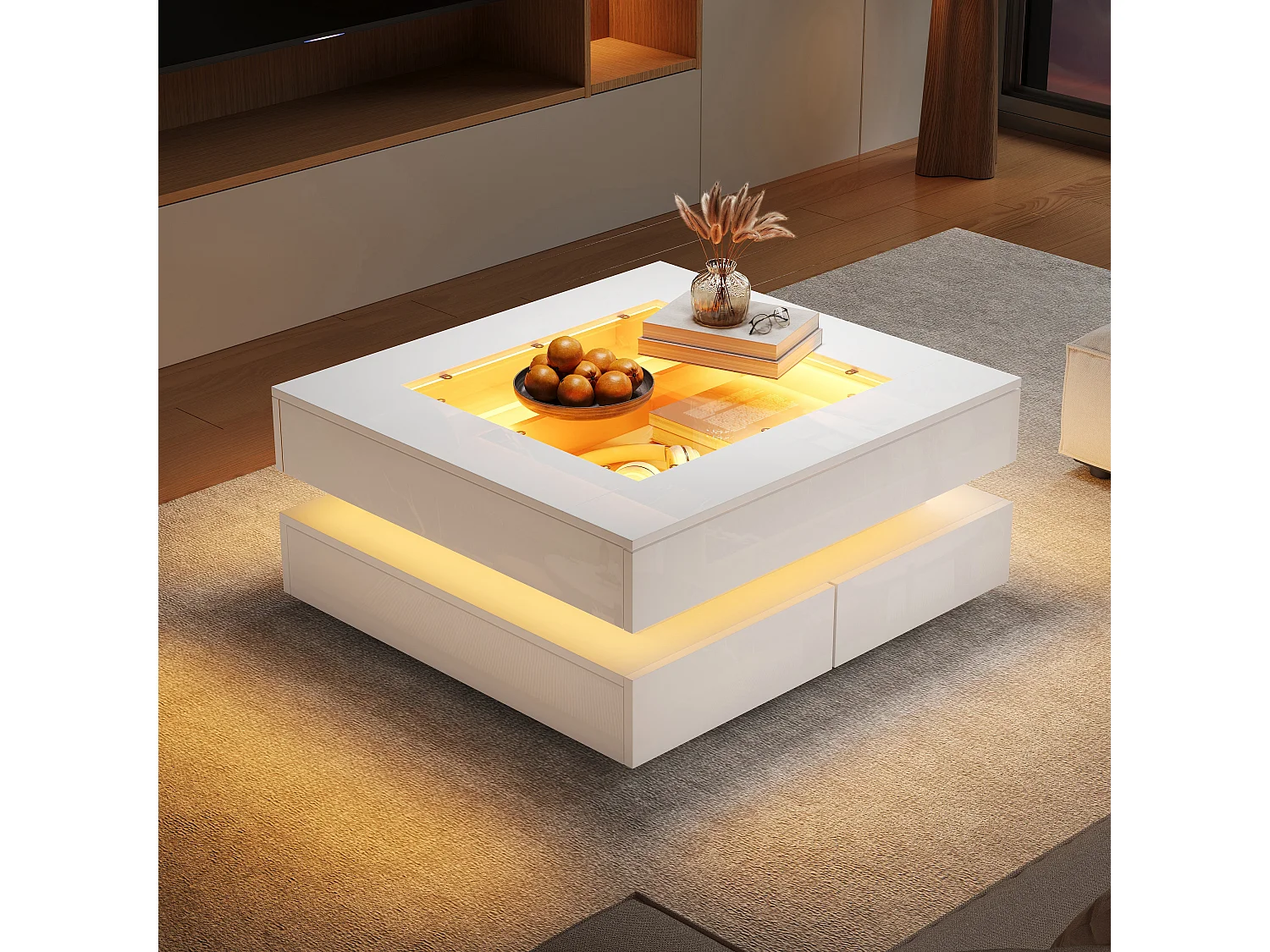 Table basse laquée brillante - 70 x 70 x 35 cm - avec plateau en verre + 3 tiroirs + Leds - verre + aggloméré - blanc