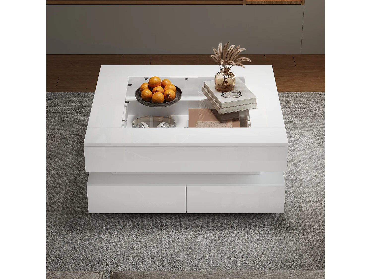 Table basse laquée brillante - 70 x 70 x 35 cm - avec plateau en verre + 3 tiroirs + Leds - verre + aggloméré - blanc