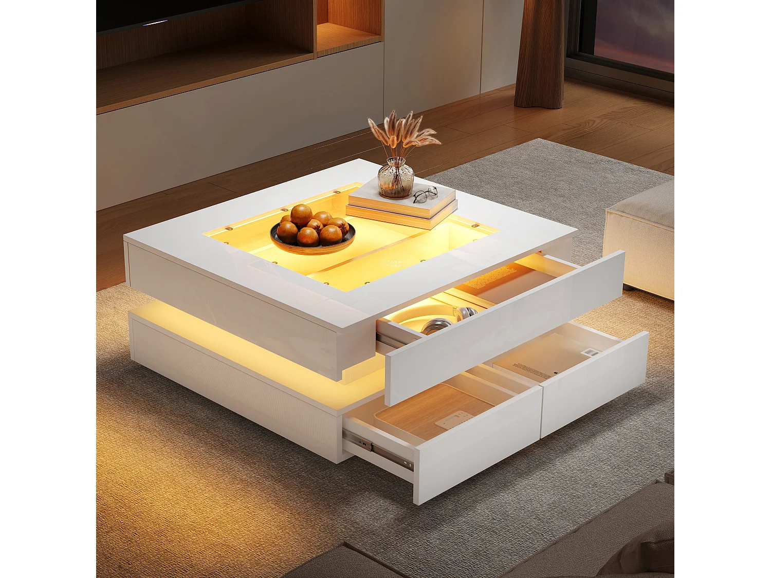Table basse laquée brillante - 70 x 70 x 35 cm - avec plateau en verre + 3 tiroirs + Leds - verre + aggloméré - blanc