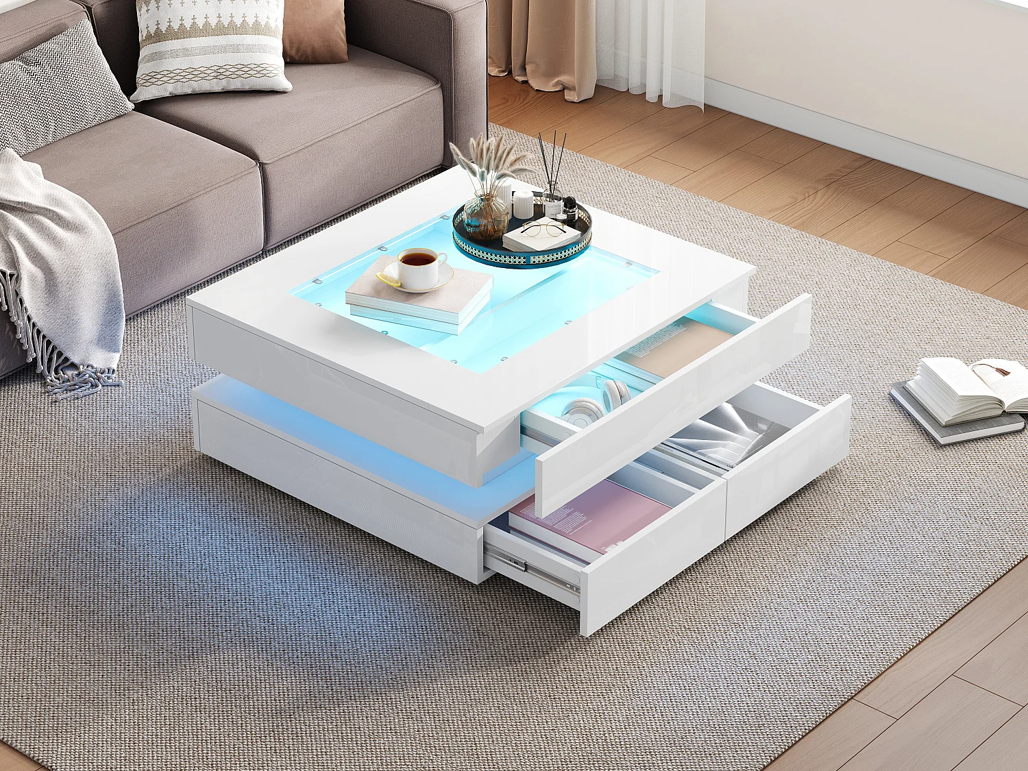 Table basse laquée brillante - 70 x 70 x 35 cm - avec plateau en verre + 3 tiroirs + Leds - verre + aggloméré - blanc