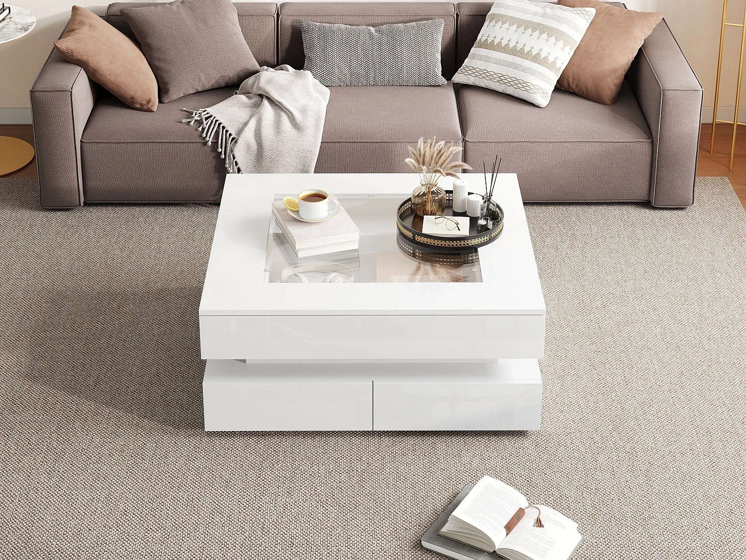 Table basse laquée brillante - 70 x 70 x 35 cm - avec plateau en verre + 3 tiroirs + Leds - verre + aggloméré - blanc